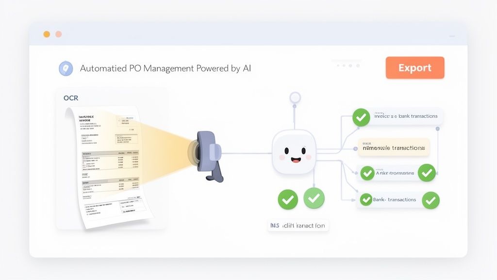 Diagram illustrating an AI-powered automated purchase order management system, from OCR scanning to data categorization and export.