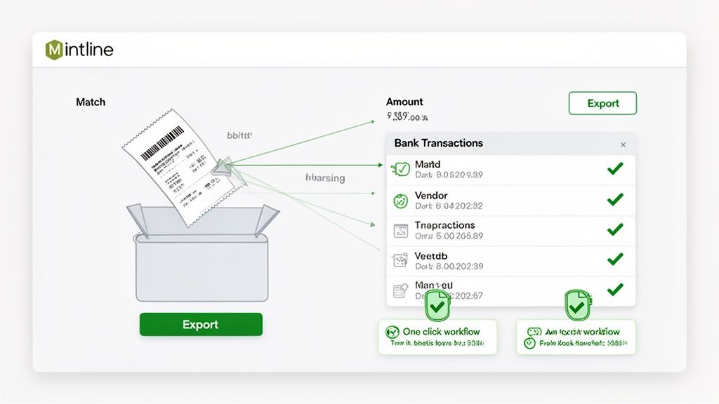 Mintline software interface displaying a receipt being matched against a list of bank transactions.