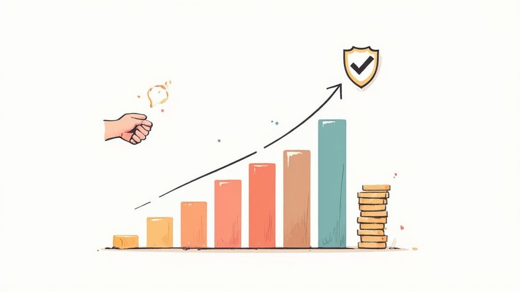 A bar chart illustrating financial growth, an upward arrow, a security shield, and a stack of coins.
