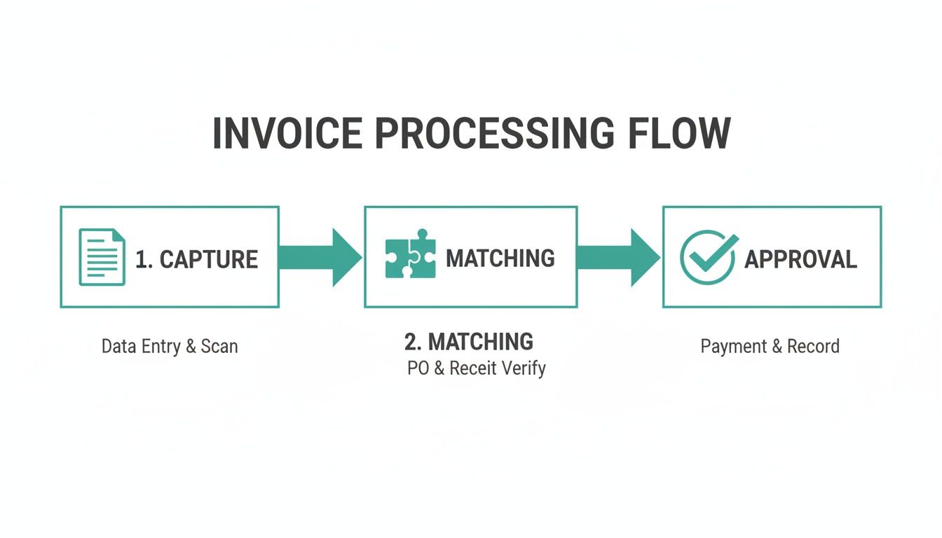 A visual diagram illustrating the invoice processing workflow through capture, matching, and approval stages.