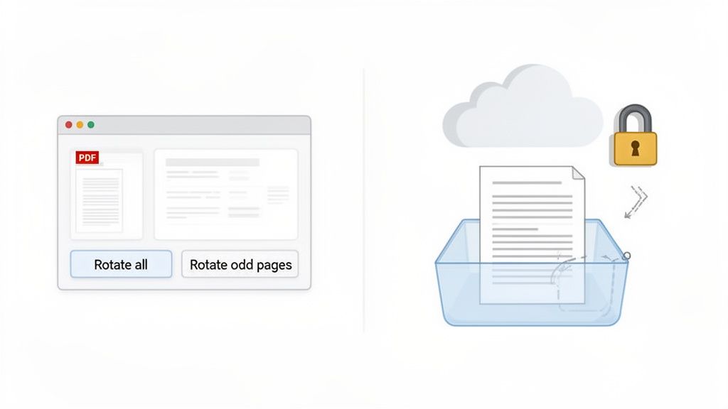 A split image showing a PDF editor with page rotation options and a document secured in cloud storage.