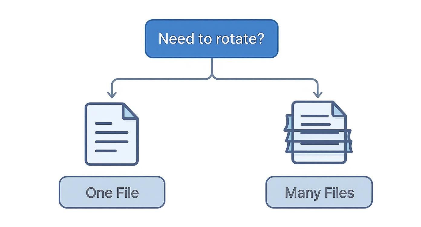 Flowchart showing PDF rotation options for single file or multiple files at once