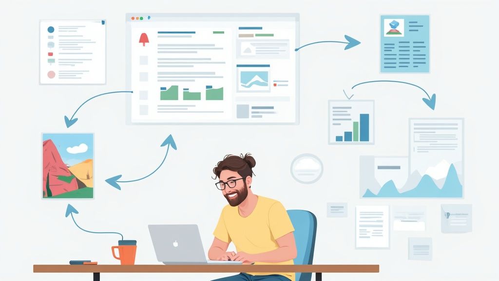 Smiling man working on a laptop, surrounded by interconnected digital documents and data visualizations.