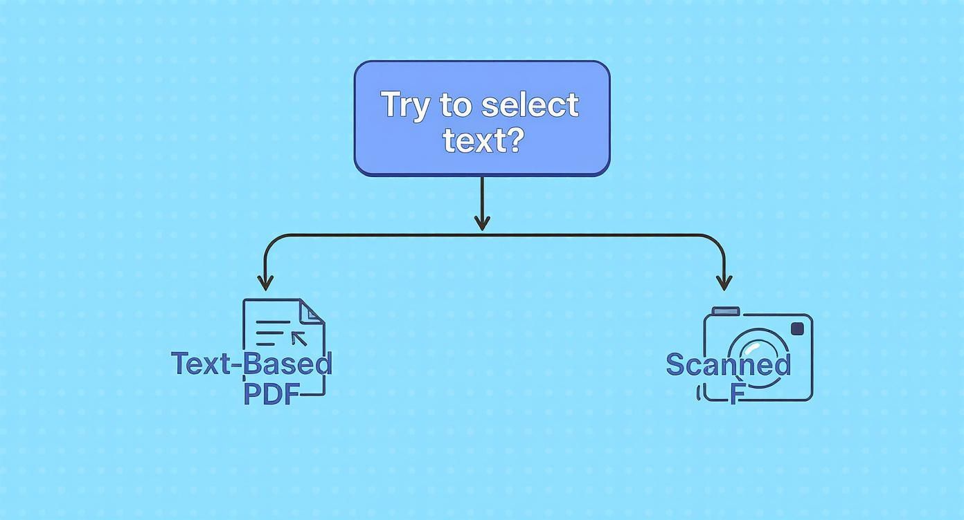 A flowchart illustrating text selection: 'Try to select text?' branches to 'Text-Based PDF' or 'Scanned'.
