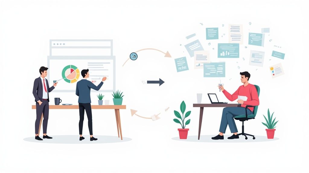 Business professionals analyzing structured data charts transforming into unstructured documents for remote worker