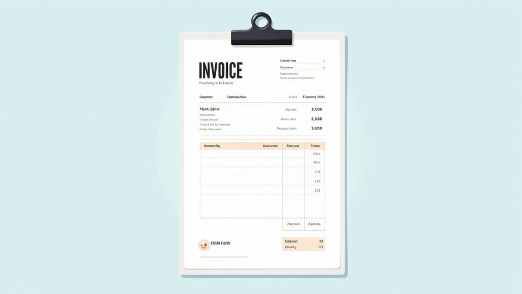 A minimalist digital illustration of a pro forma invoice document on a clipboard with a black clip.