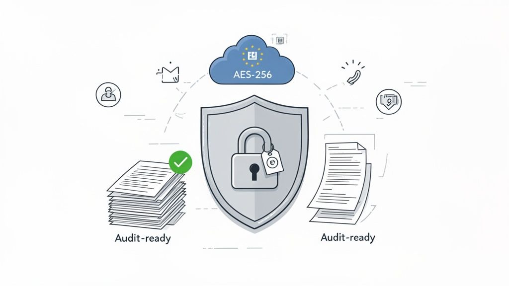 Image illustrating secure, audit-ready document processing with AES-256 encryption and cloud storage.