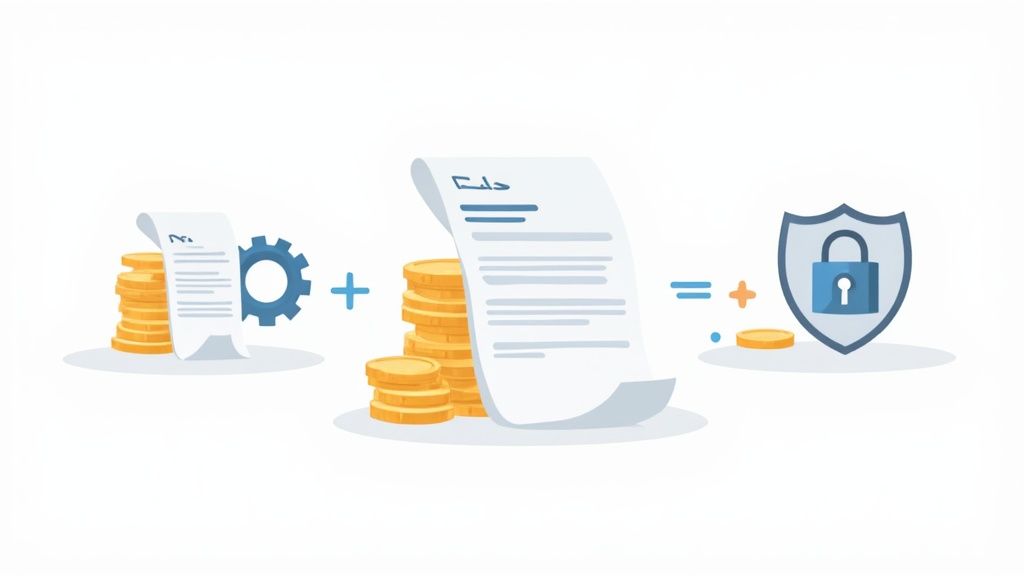 A graphic showing three icons representing financial savings, operational efficiency, and tighter security.