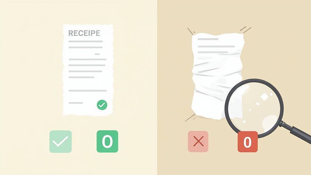 A clean receipt with a green checkmark versus a crumpled receipt being examined by a magnifying glass, symbolizing readability.