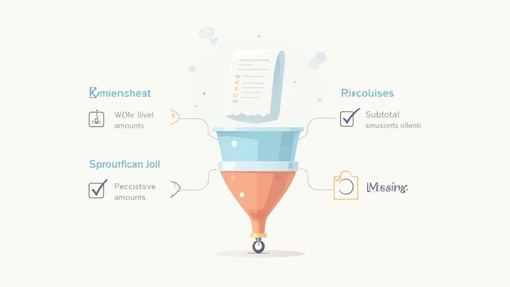 An illustration of a data processing funnel with a checklist, categorizing financial amounts into known, subtotal, and missing.