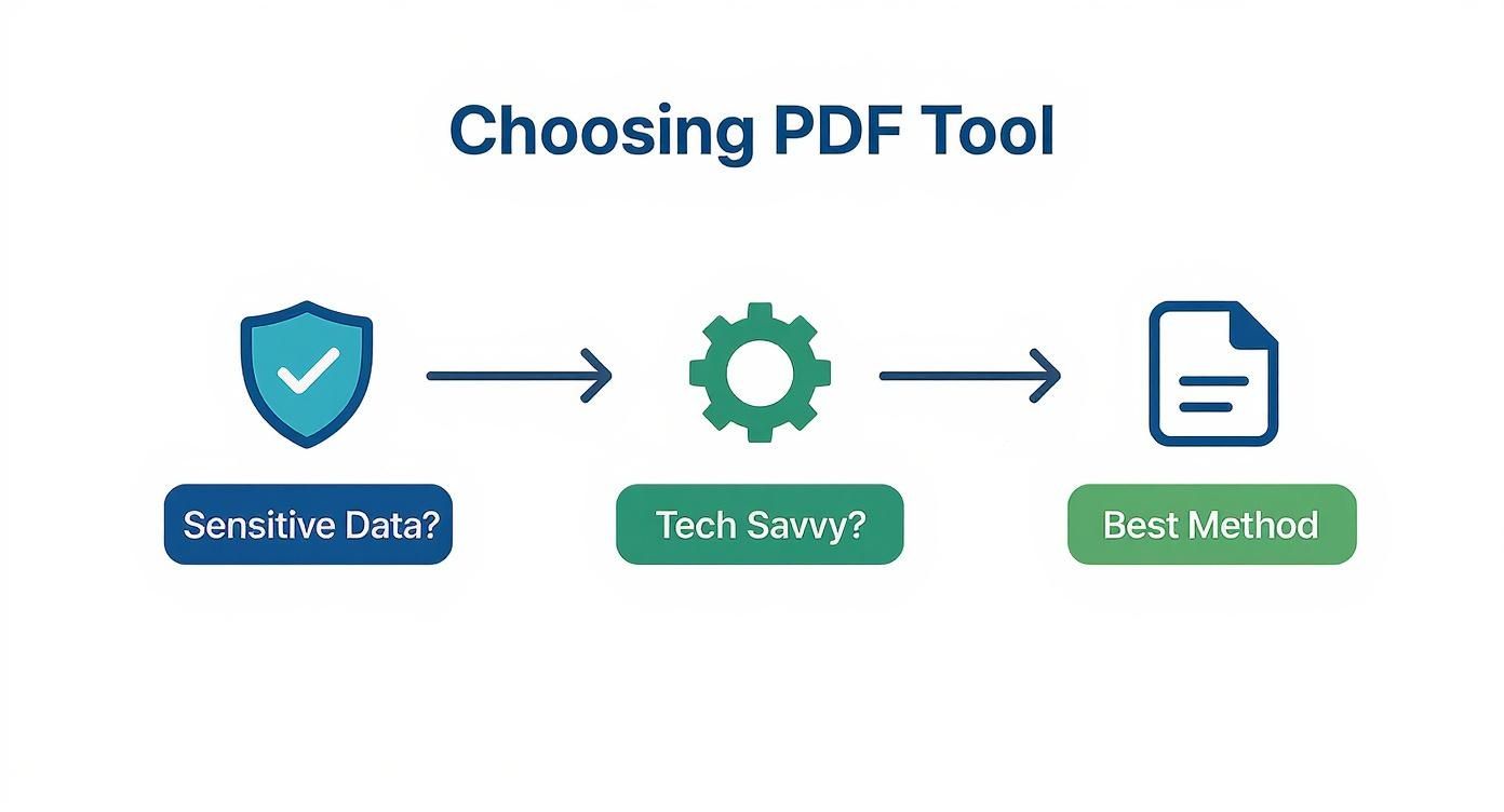 A flowchart titled 'Choosing PDF Tool' with steps for sensitive data, tech savviness, and best method.