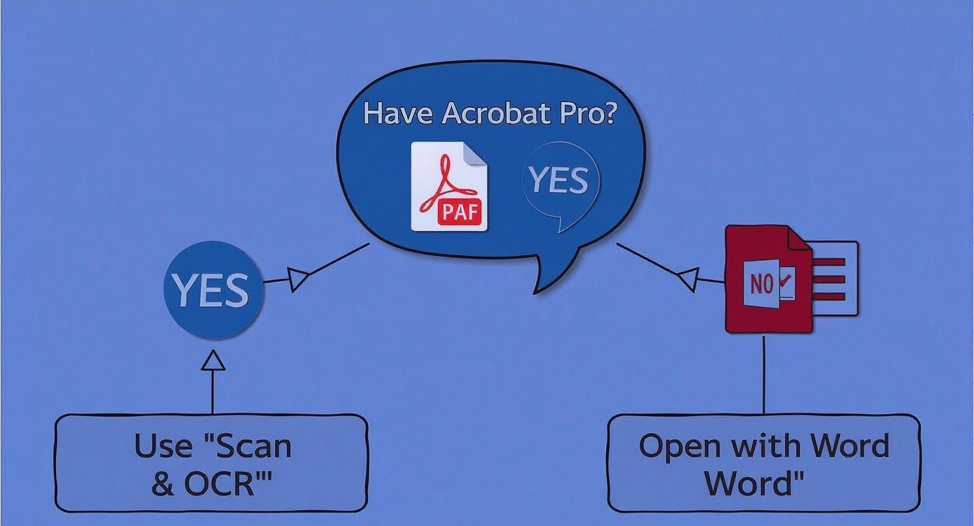 Flowchart showing decision tree for converting PDF files using Acrobat Pro or Microsoft Word