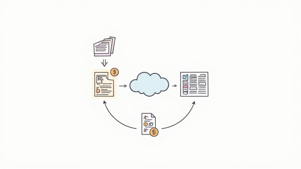 Workflow diagram illustrating document conversion to digital, cloud processing, and structured data generation.