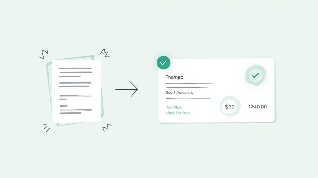A person's hands using a laptop to match financial receipts with transactions, showcasing the process of data acquisition and reconciliation.