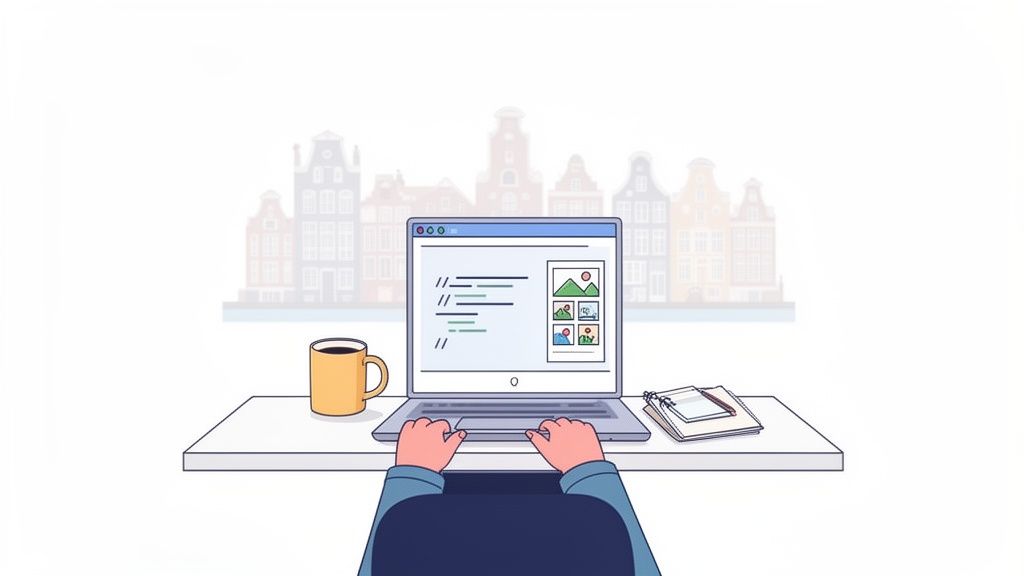 Illustration of a person coding on a laptop, with a coffee mug, notebooks, and city buildings in the background.