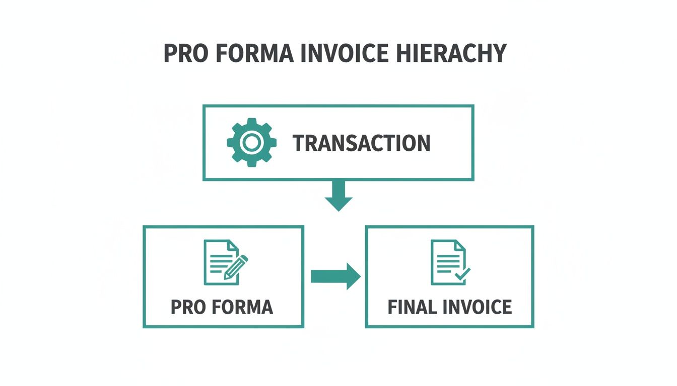 A diagram illustrating the pro forma invoice hierarchy: transaction leads to pro forma, which then leads to the final invoice.