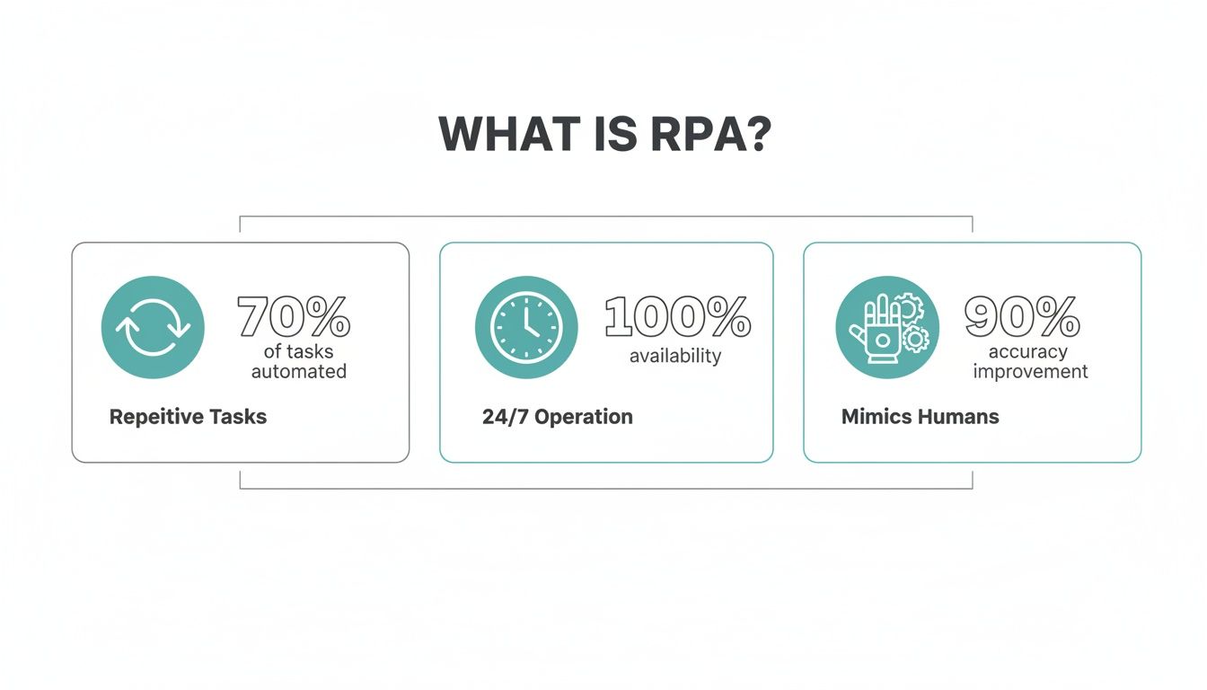 Infographic explaining RPA, detailing 70% task automation, 100% availability, and 90% accuracy improvement.