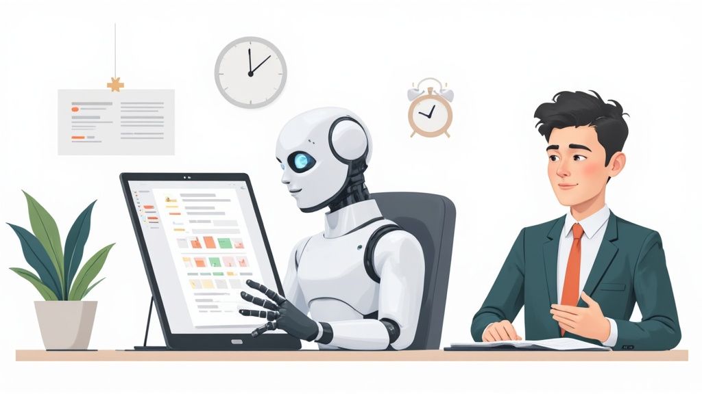 An image showing a modern, clean desk with a laptop displaying financial data, symbolizing the efficiency of AI in accounting.