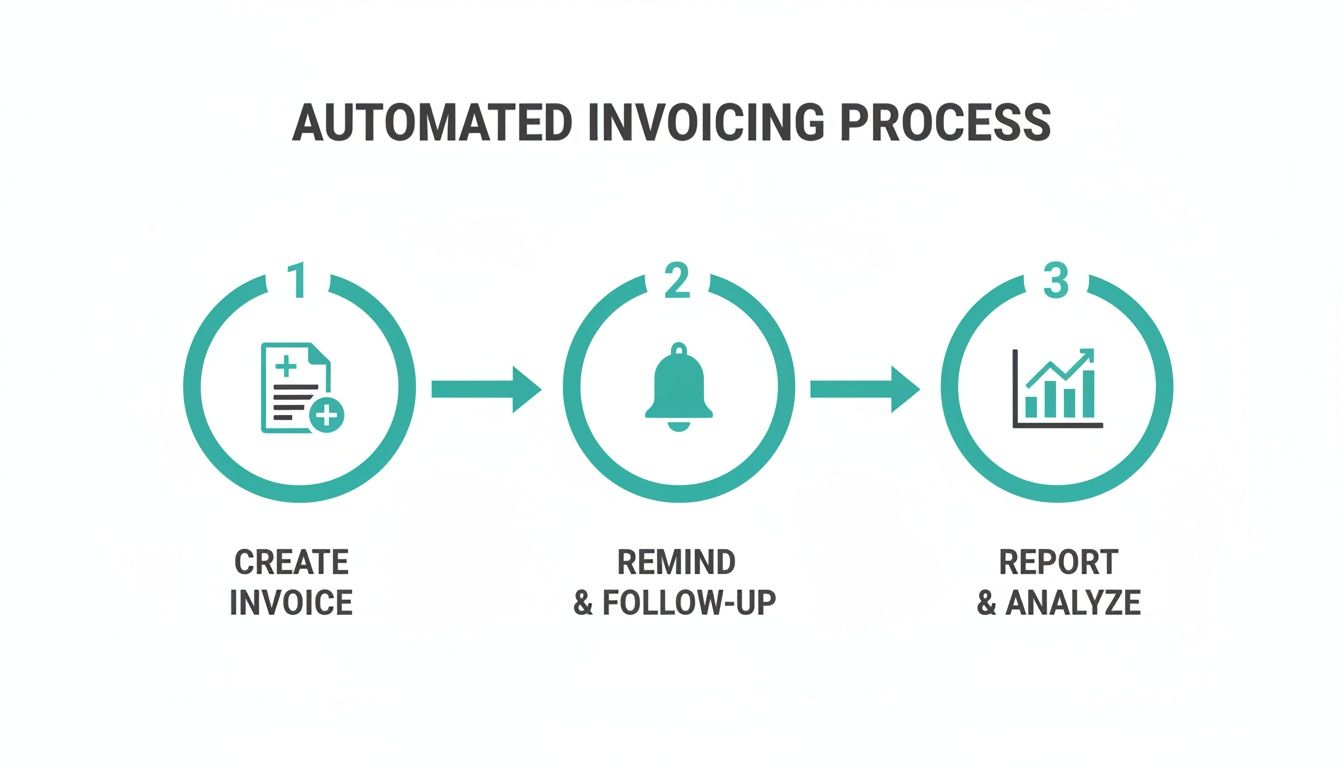 Infographic showing the 3-step automated invoicing process: create, remind, and report, with icons.