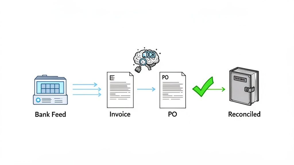 Diagram showing bank feed data flowing to invoices and purchase orders, processed by OCR, leading to reconciled financial records.