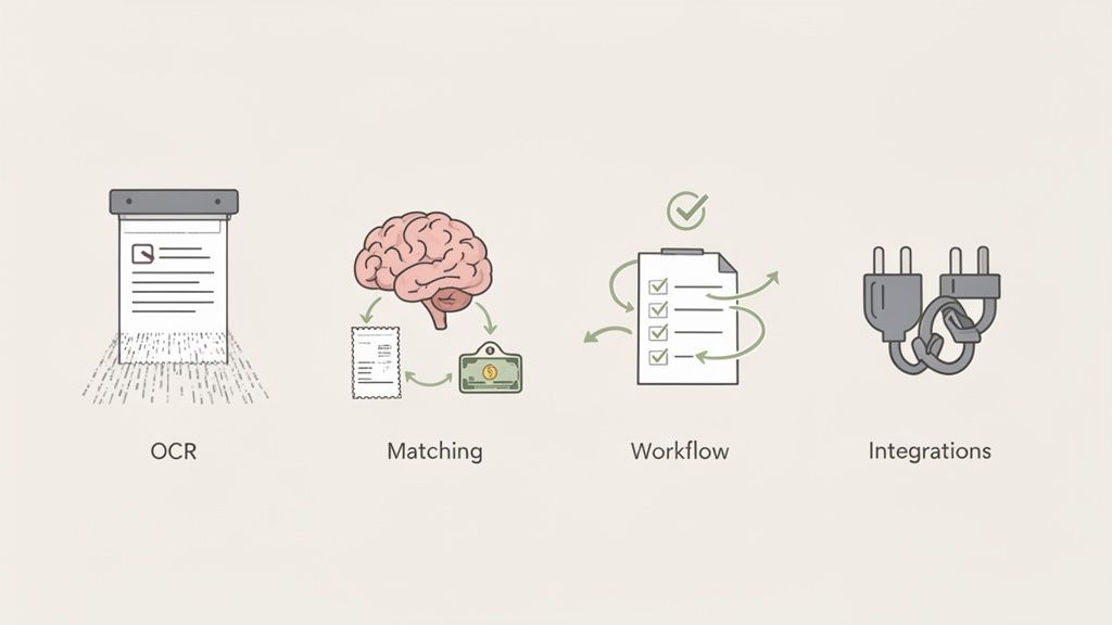 A graphic illustrating four key steps of AP automation software: OCR, matching, workflow, and integrations.