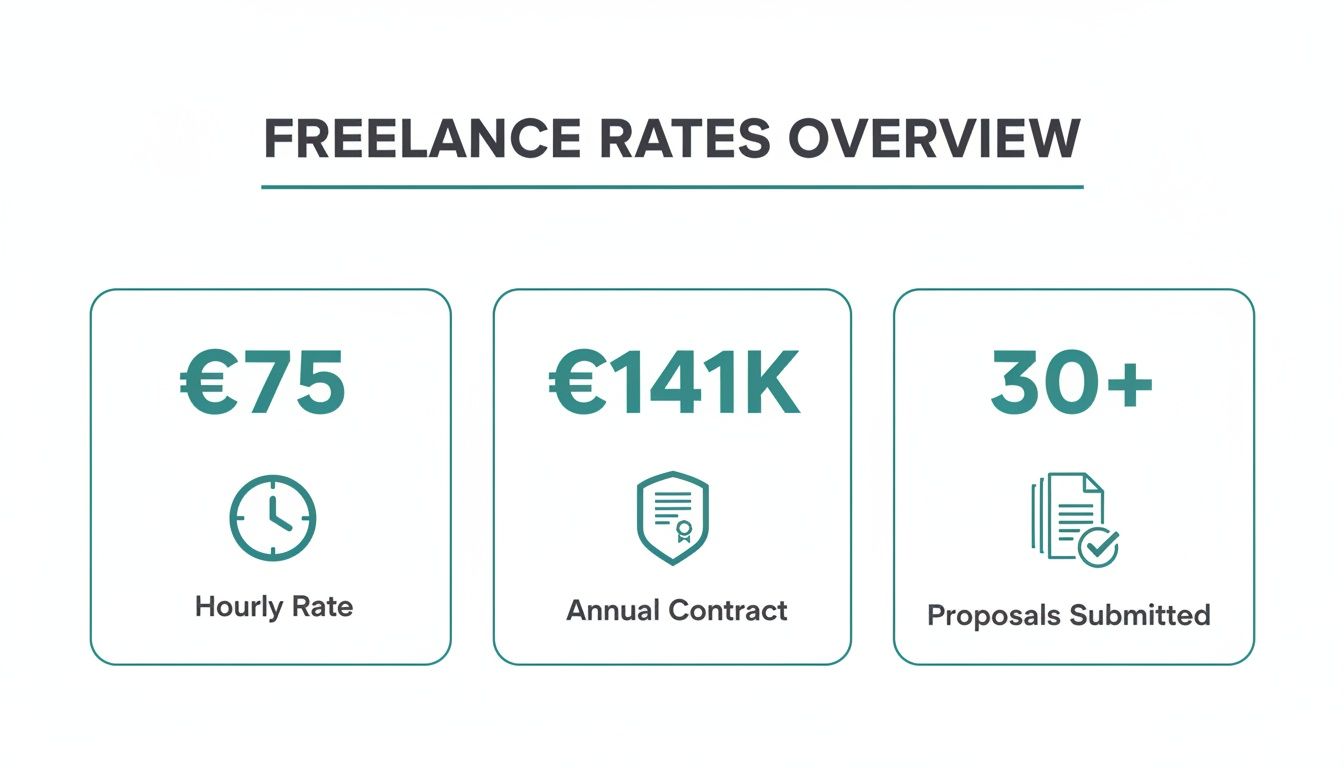 An overview of freelance rates and metrics, displaying hourly rate, annual contract value, and proposals submitted.