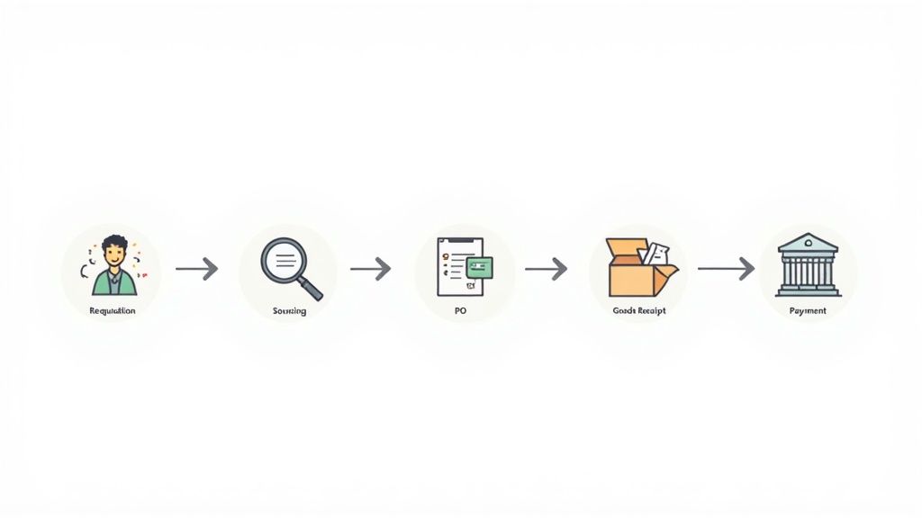 A procure-to-pay process flow diagram showing steps: Requisition, Sourcing, PO, Goods Receipt, and Payment.