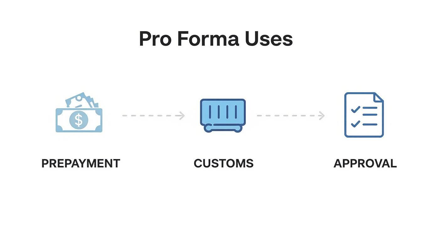 A flowchart showing Pro Forma Uses: Prepayment, Customs, and Approval steps with icons.