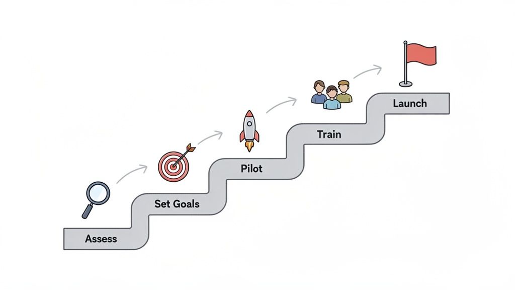 A five-step business process diagram on a staircase path: Assess, Set Goals, Pilot, Train, Launch.
