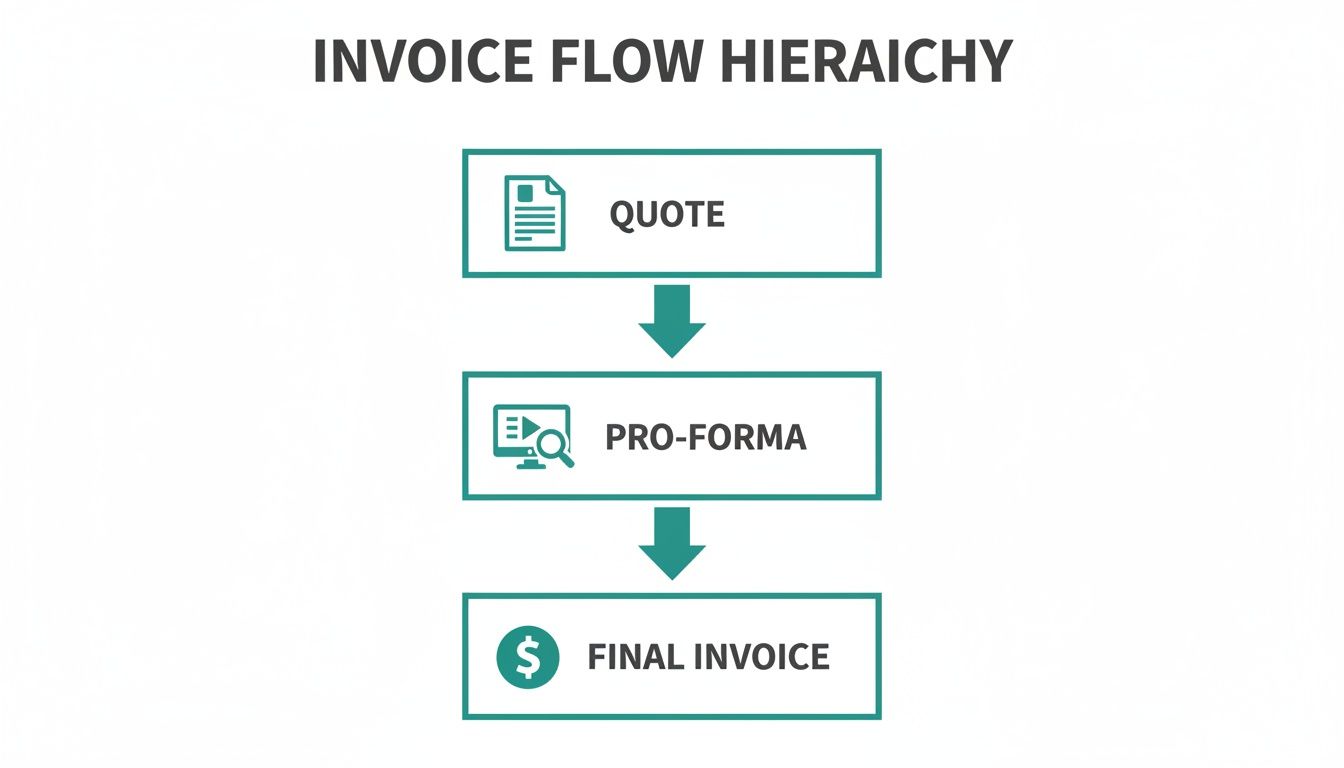 A flowchart showing the invoice flow hierarchy from quote to pro-forma and then to the final invoice.