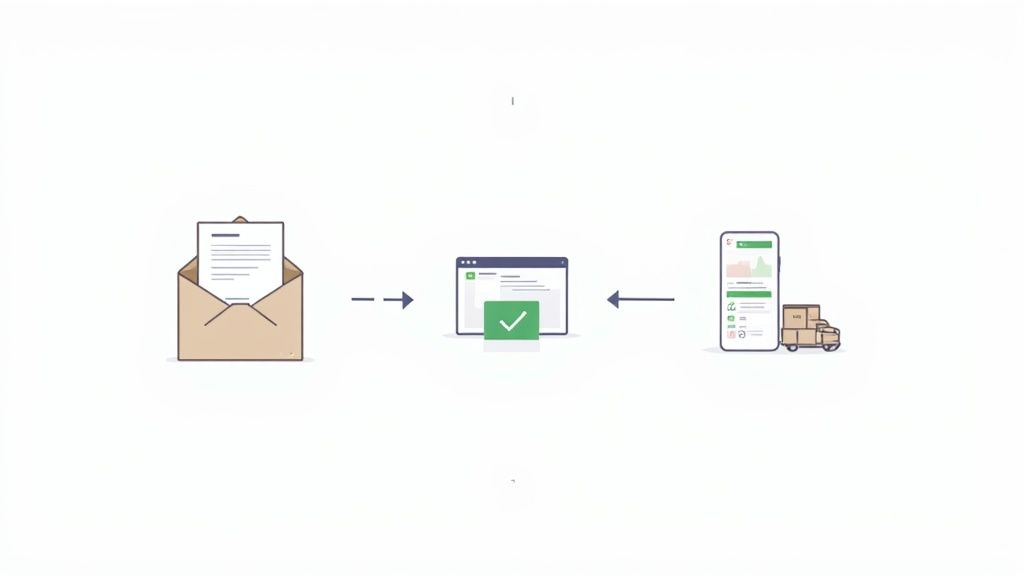Illustration of a procure-to-pay process: document in envelope, digital approval, and mobile delivery tracking.