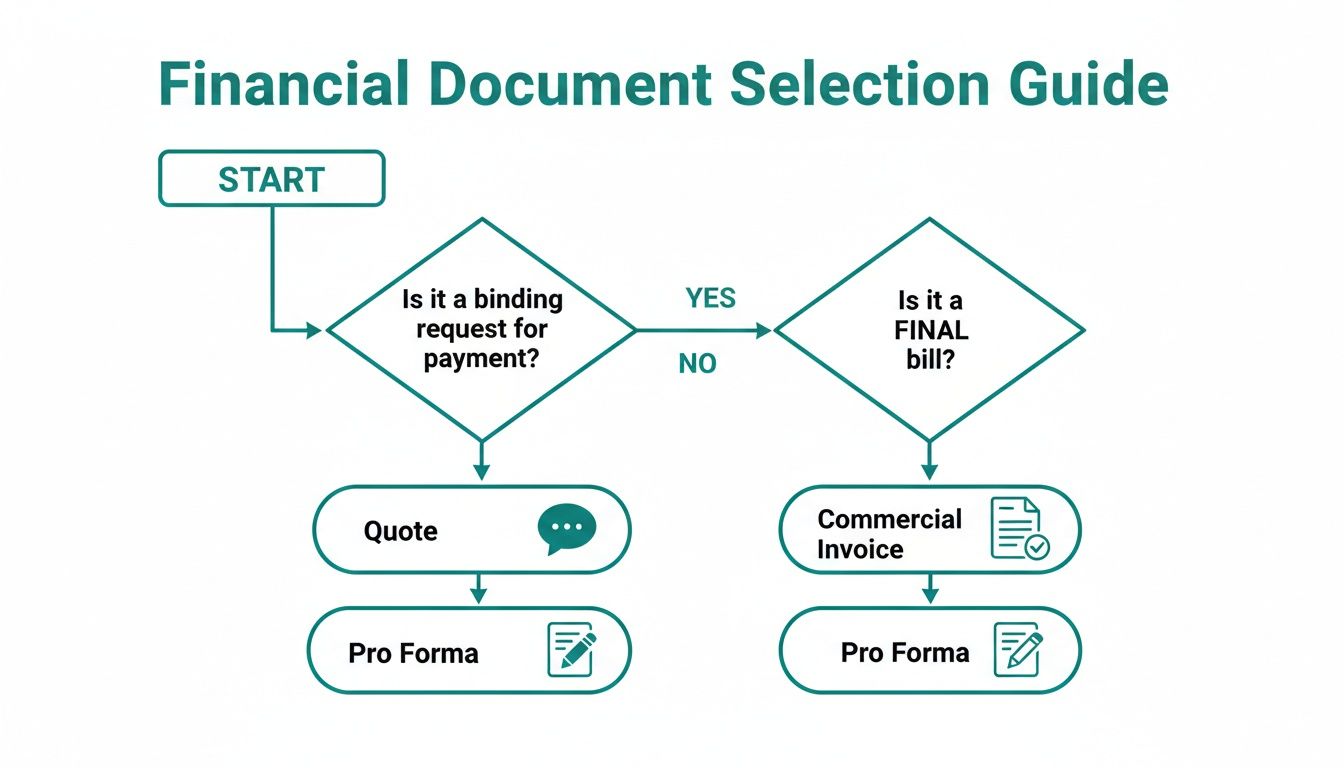 Flowchart guiding financial document selection based on binding requests and final bills.
