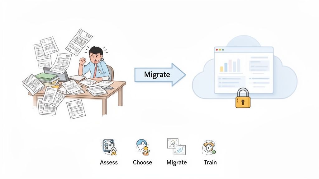 Stressed person at a desk full of papers migrating to a secure, organized cloud platform.