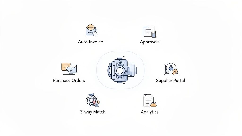 Diagram illustrating procure-to-pay software features: Auto Invoice, Approvals, Supplier Portal, Analytics, 3-way Match, and Purchase Orders.