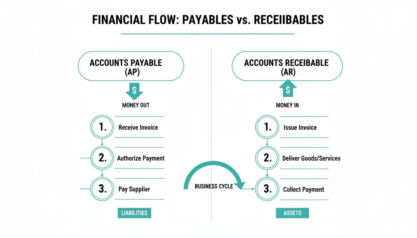 Diagram illustrating the financial flow of accounts payable (money out) versus accounts receivable (money in) in a business cycle.