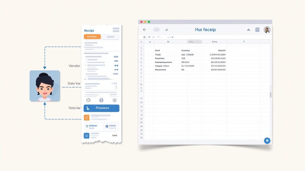 An illustration showing a digital receipt with extracted text fields mapped to an organized spreadsheet.