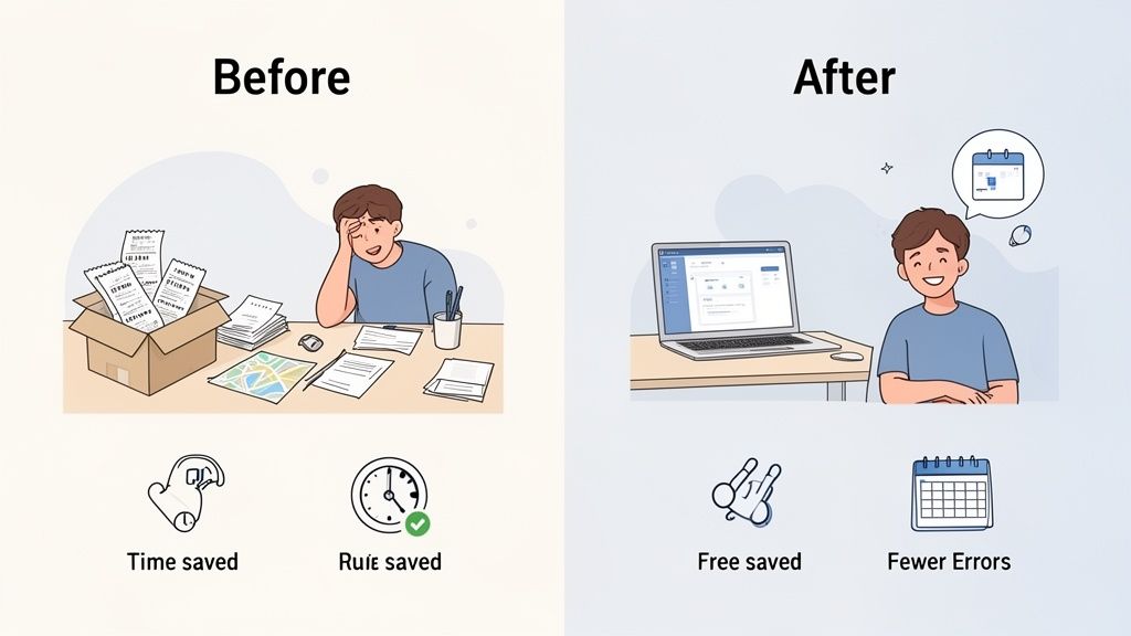 Before and after comparison showing stress with manual paper processing versus ease with digital automation.