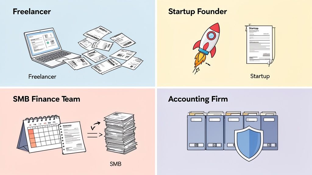 An illustration comparing financial document processing for freelancers, startups, SMBs, and accounting firms.