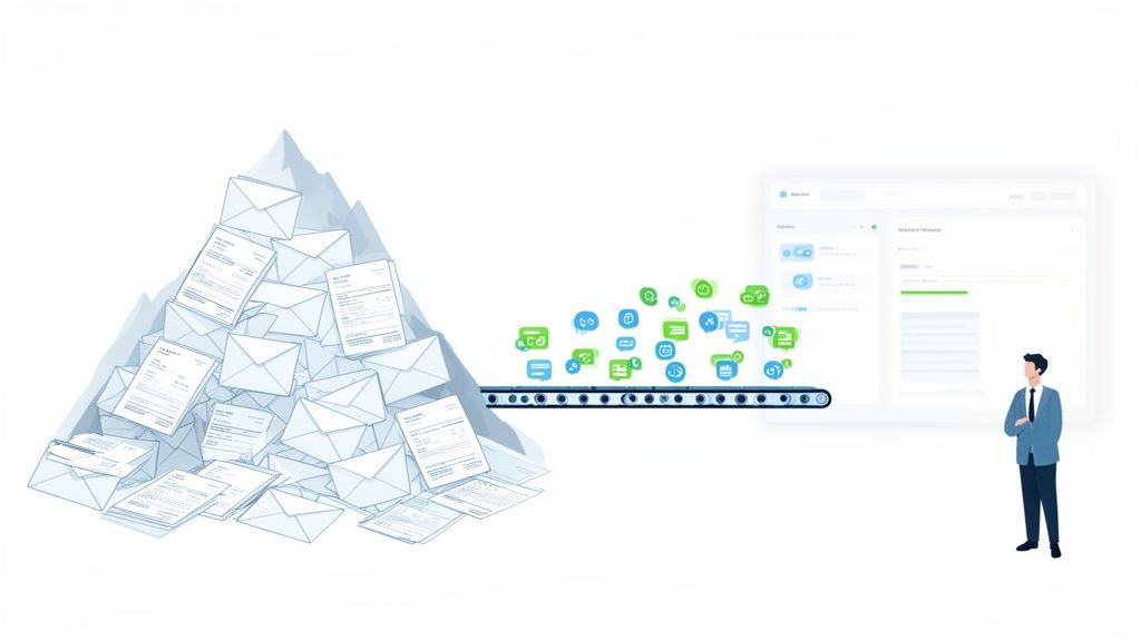 Physical documents processed into digital data by automation software, monitored by a businessman.