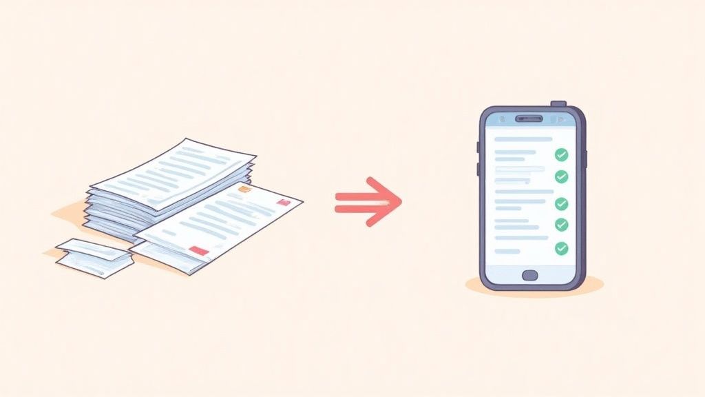 Illustration depicting physical papers and documents being digitized into a checklist on a smartphone.