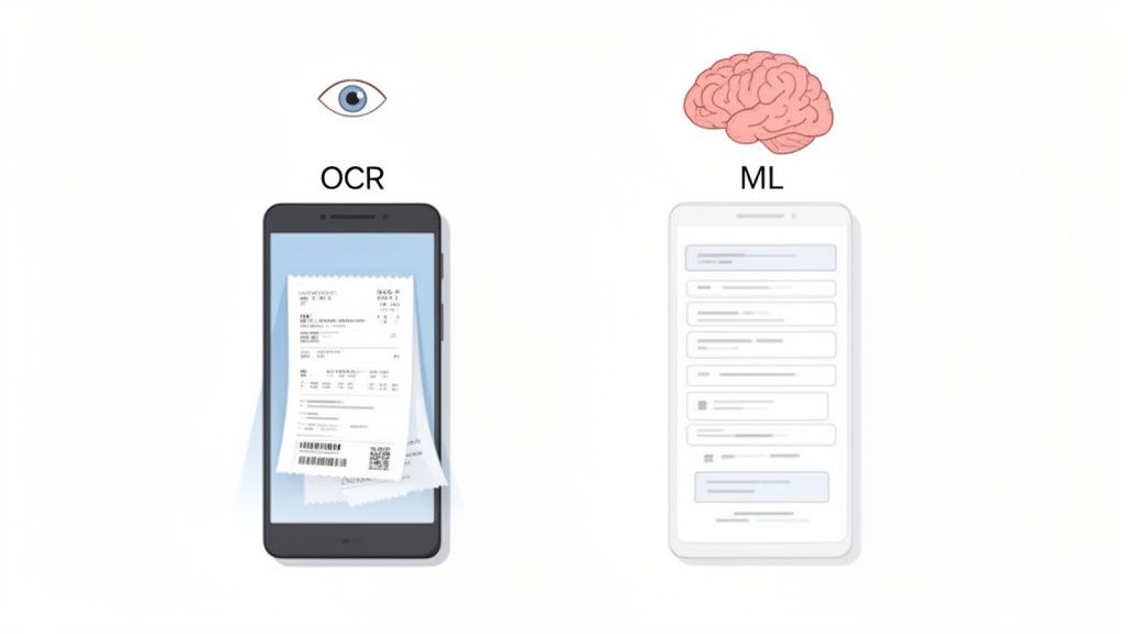 An image illustrating OCR document scanning on a phone followed by ML data processing on another phone.