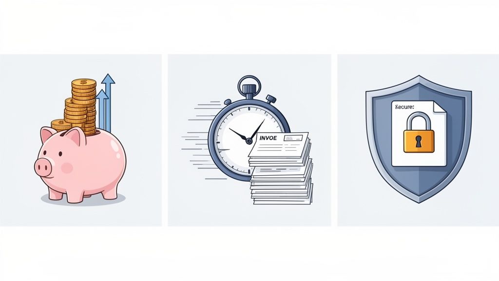 Icons representing financial growth, fast invoice processing, and secure document management benefits.