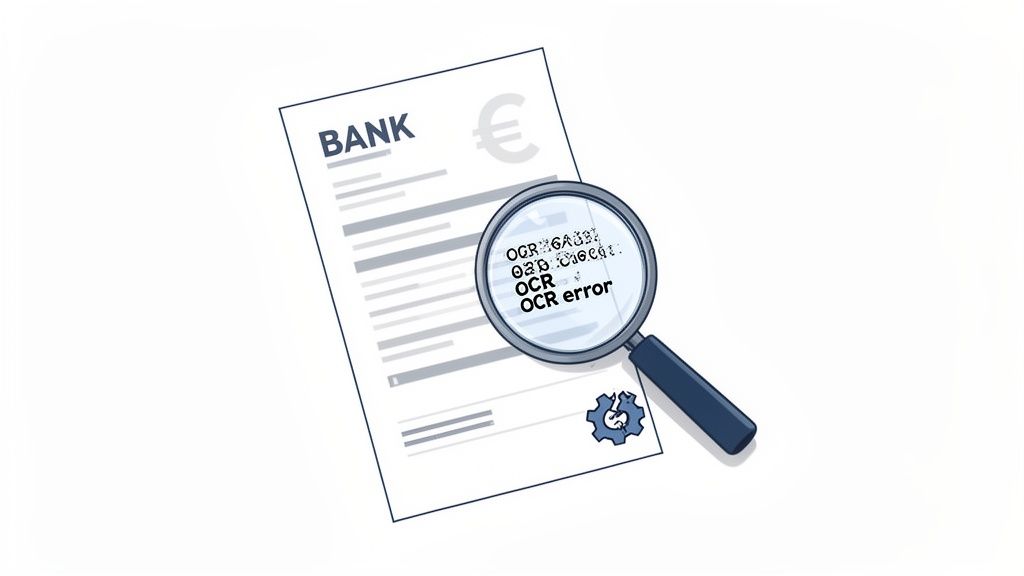 A magnifying glass shows OCR errors on a bank document, indicating data recognition issues.