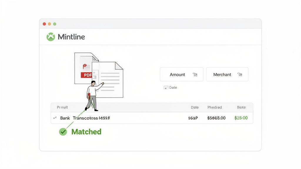 Mintline software interface displaying financial reconciliation process matching PDF documents.