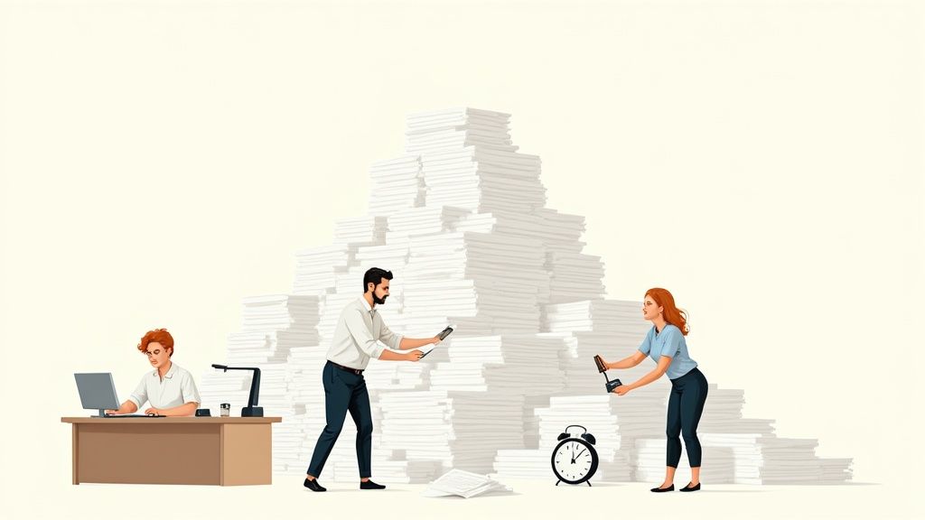Business professionals managing large stacks of paperwork with clock symbolizing time-sensitive accounts payable workflow