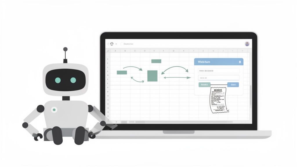 A friendly robot sits beside a laptop showing a spreadsheet with a process automation diagram and a digital receipt.