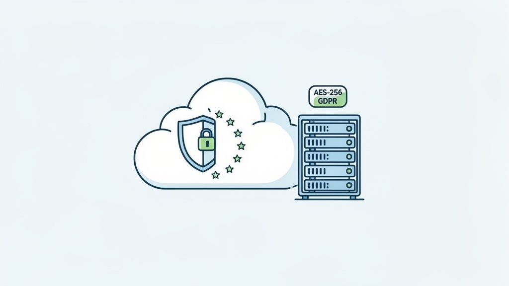 Secure cloud data storage with encryption (AES-256) and GDPR compliance, featuring a server and shield.