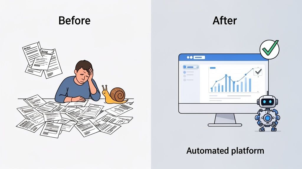 Before: Person overwhelmed by paperwork, next to a snail. After: Automated platform with charts and a robot.