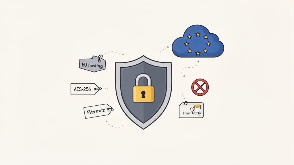 A shield with a padlock illustrating data security, featuring EU hosting, AES-256 encryption, and restricted third-party access.