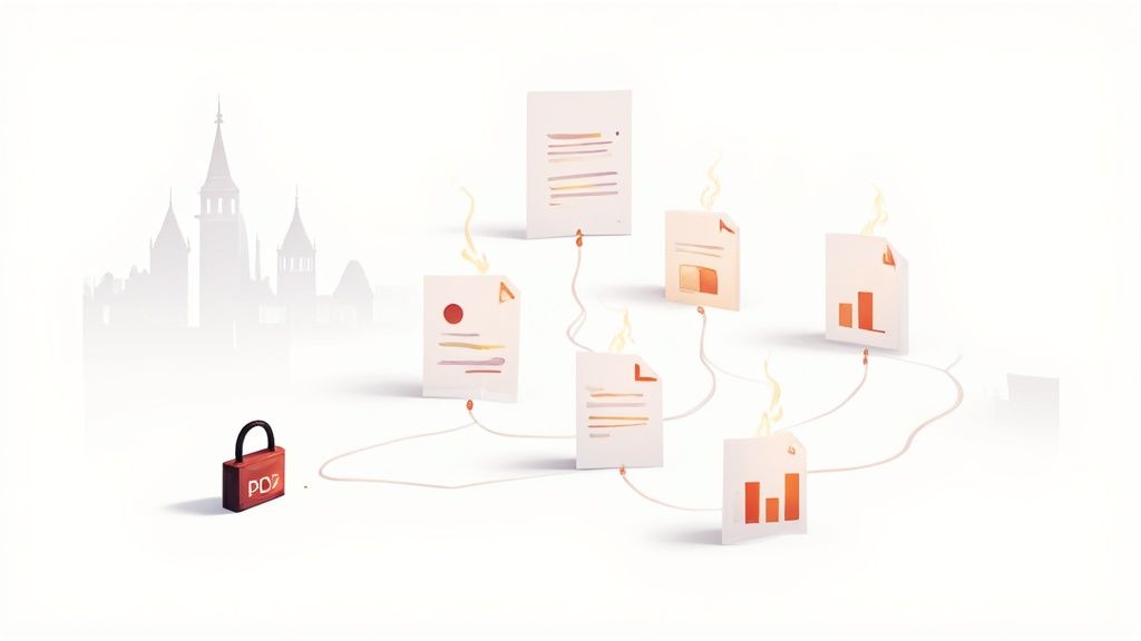 A network of stylized documents connected by lines, with a red padlock and a distant city skyline.